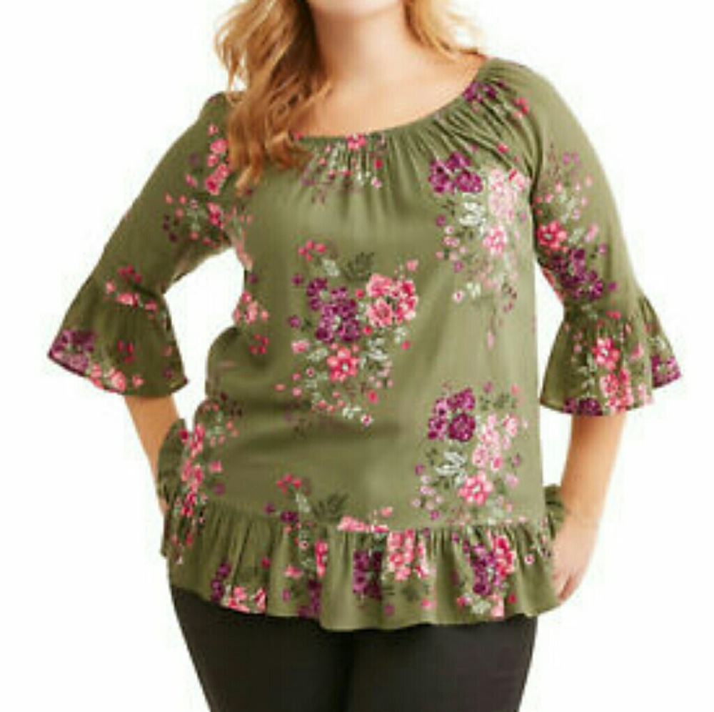 Terra and sky Green floral off the shoulder top